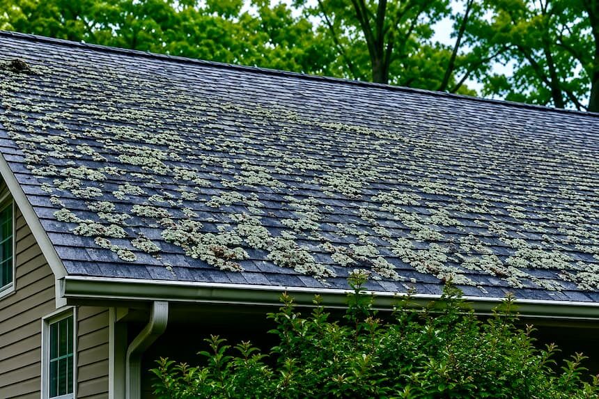 Lichen grips hardest and is the most stubborn roof growth to remove.