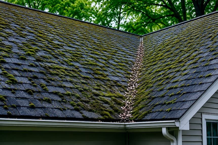 Moss holds moisture against shingles and can lift their edges over time.