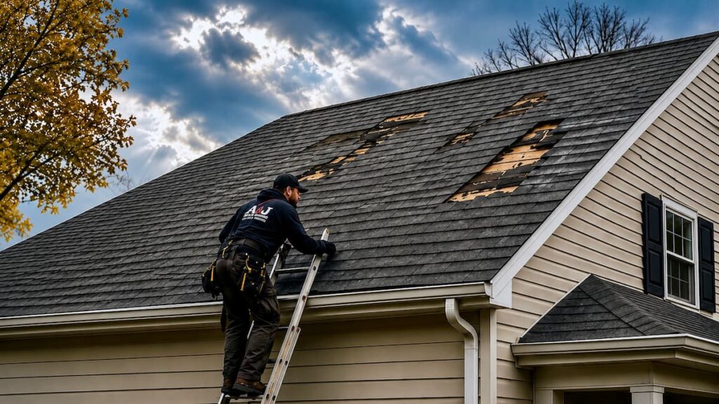 Roofing technician inspecting a suburban asphalt shingle roof after a windstorm.