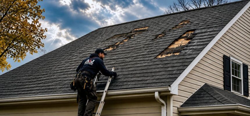 Roofing technician inspecting a suburban asphalt shingle roof after a windstorm.